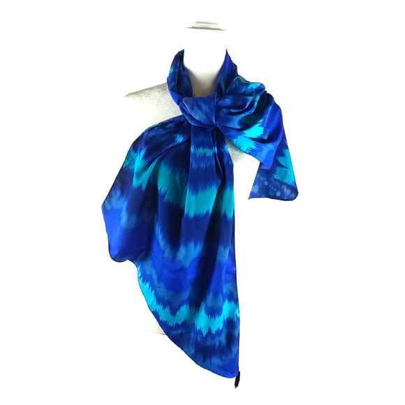 Anne & Ava Blue Rectangle Pointed End Scarf Tassels Silver Tone Bead 74 X 18" - Picture 1 of 6